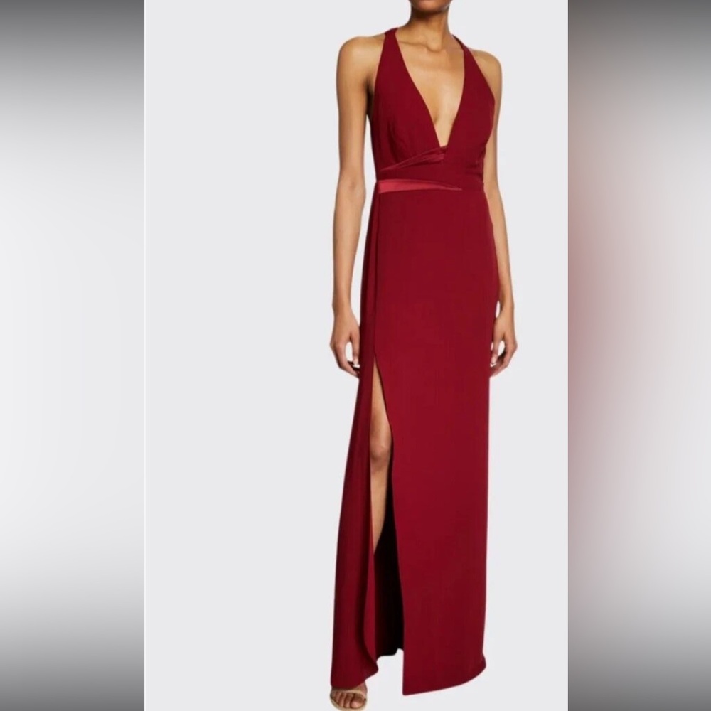 Halston Heritage Deep V neck burgundy formal gown with slit size 6